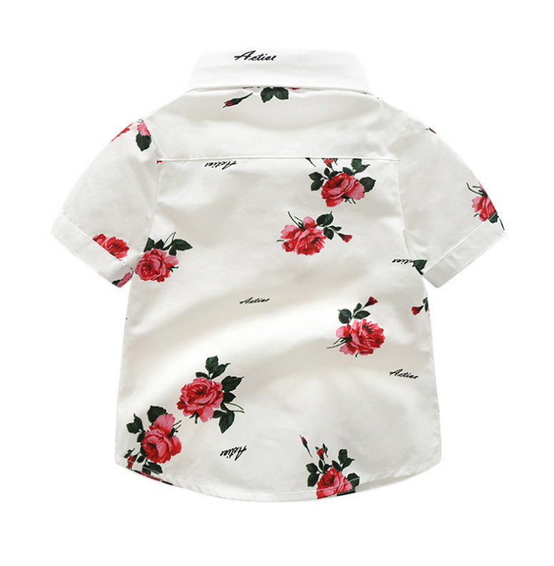 きちんと華やぐ 男の子フォーマル風セットアップ 薔薇花柄半袖シャツ&赤ショートパンツ 蝶ネクタイ付き コットン100% 90~140cm