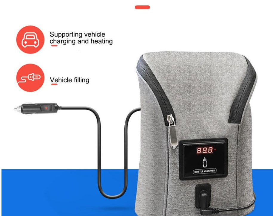 バックル付きストラップで固定された車載ミルク保温バッグの上部アップ(ベビーボトルウォーマー・ミルクウォーマー)