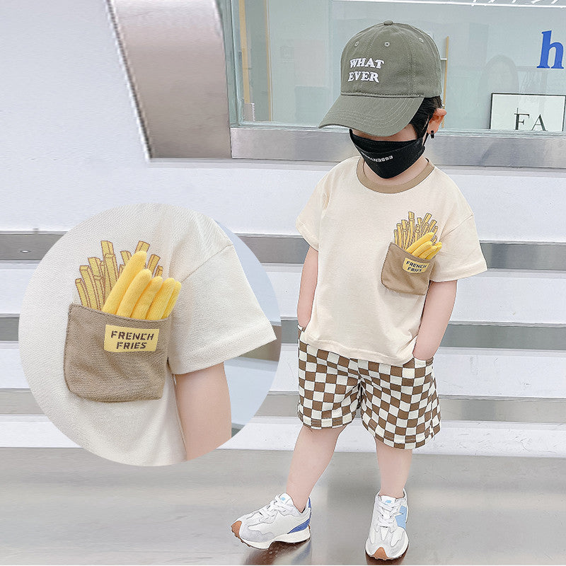 さらっと夏映えでおしゃれに決まる 男の子上下セット 半袖Tシャツ&ショートパンツ フライドポテトポケットプリント チェッカー柄ショーツ ポリエステル ミルクティー 90〜150cm