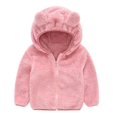 girls faux fur hooded winter jacket in red color full view