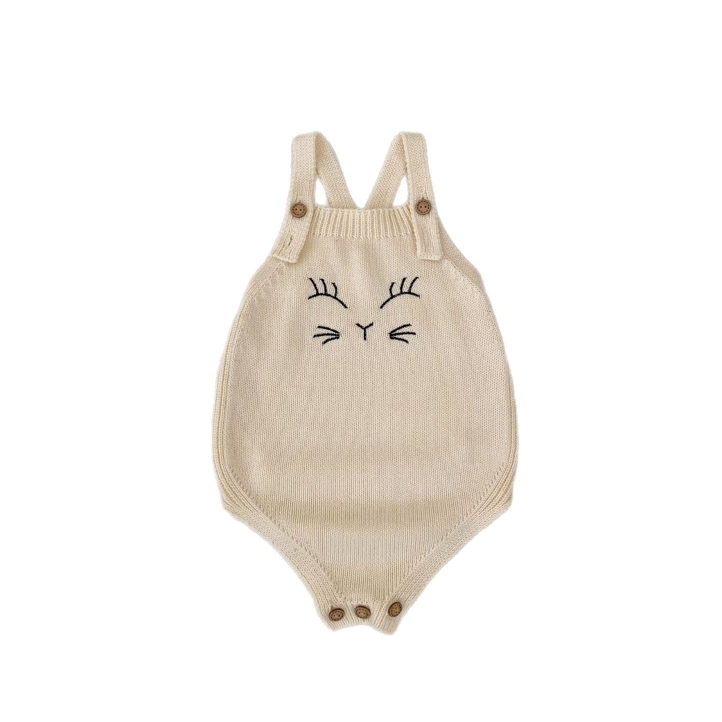 ベビー猫刺繍ニット肩ストラップ ボディスーツ|Almond White・ノースリーブ・コットン・やわらか伸縮・新生児~90cm