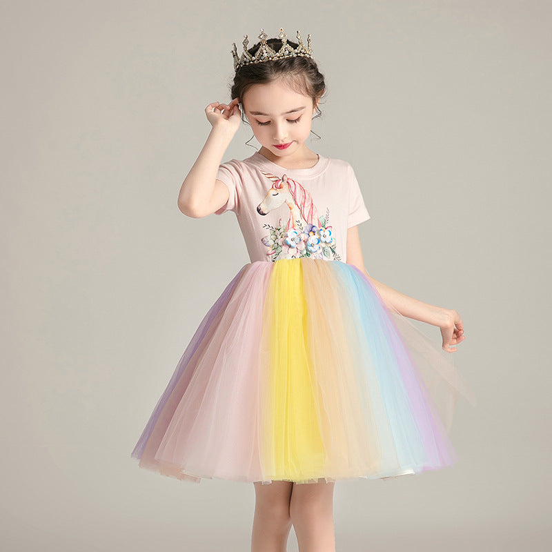 夢みたいにふんわり可愛く決まる 女の子半袖ドッキングワンピース ユニコーンプリント レインボーチュール コットン×ポリエステル 100~150cm