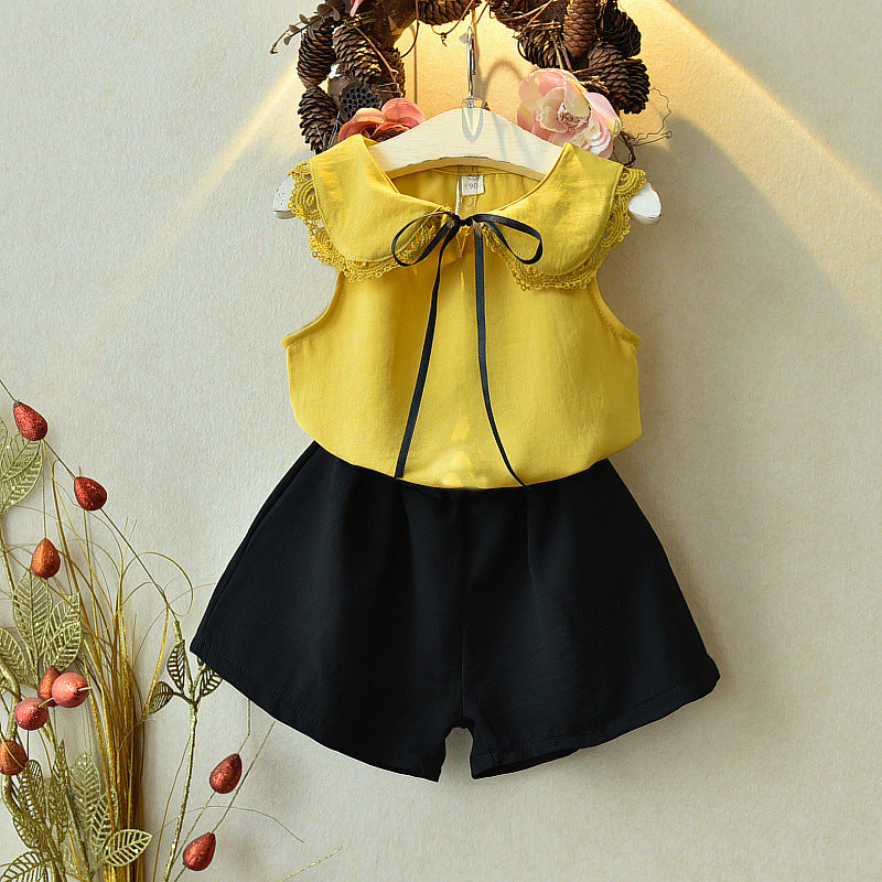 上品レース襟とリボンで可憐にまとまる 女の子ノースリーブブラウス&ショートパンツ上下セット コットン80% 90~130cm