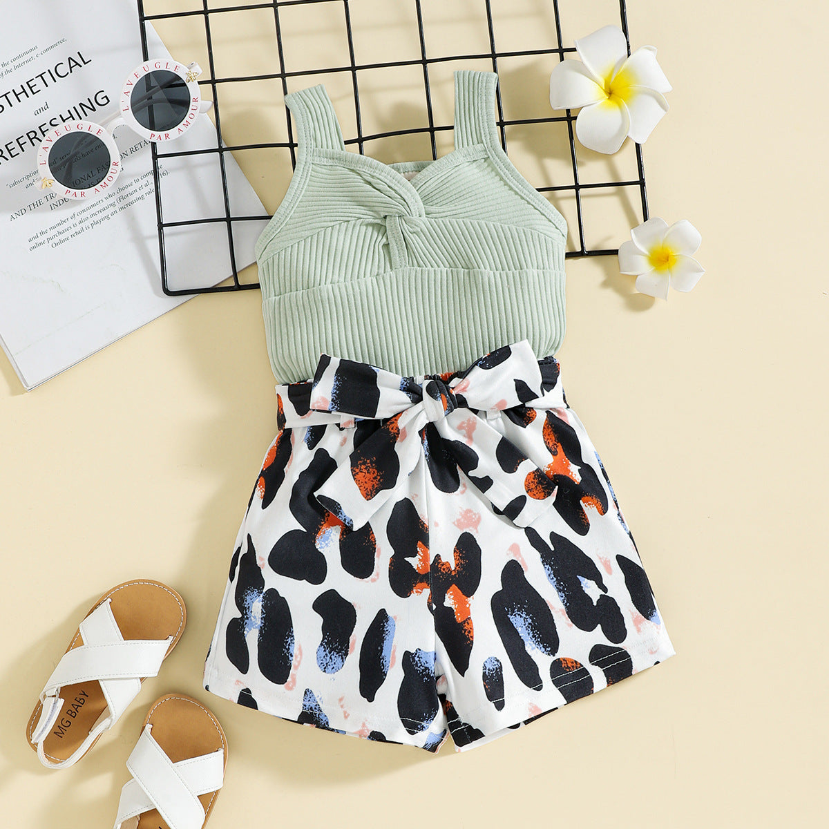 涼しく動きやすい夏コーデが完成する 女の子キャミソール&リボンショートパンツセット レオパード柄風プリント コットン 80~120cm