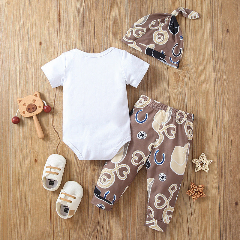 夏もさらっと快適に着られる 赤ちゃん英字プリント半袖ロンパース&ロングパンツ&帽子 3点セット コットン ホワイト 60~100cm