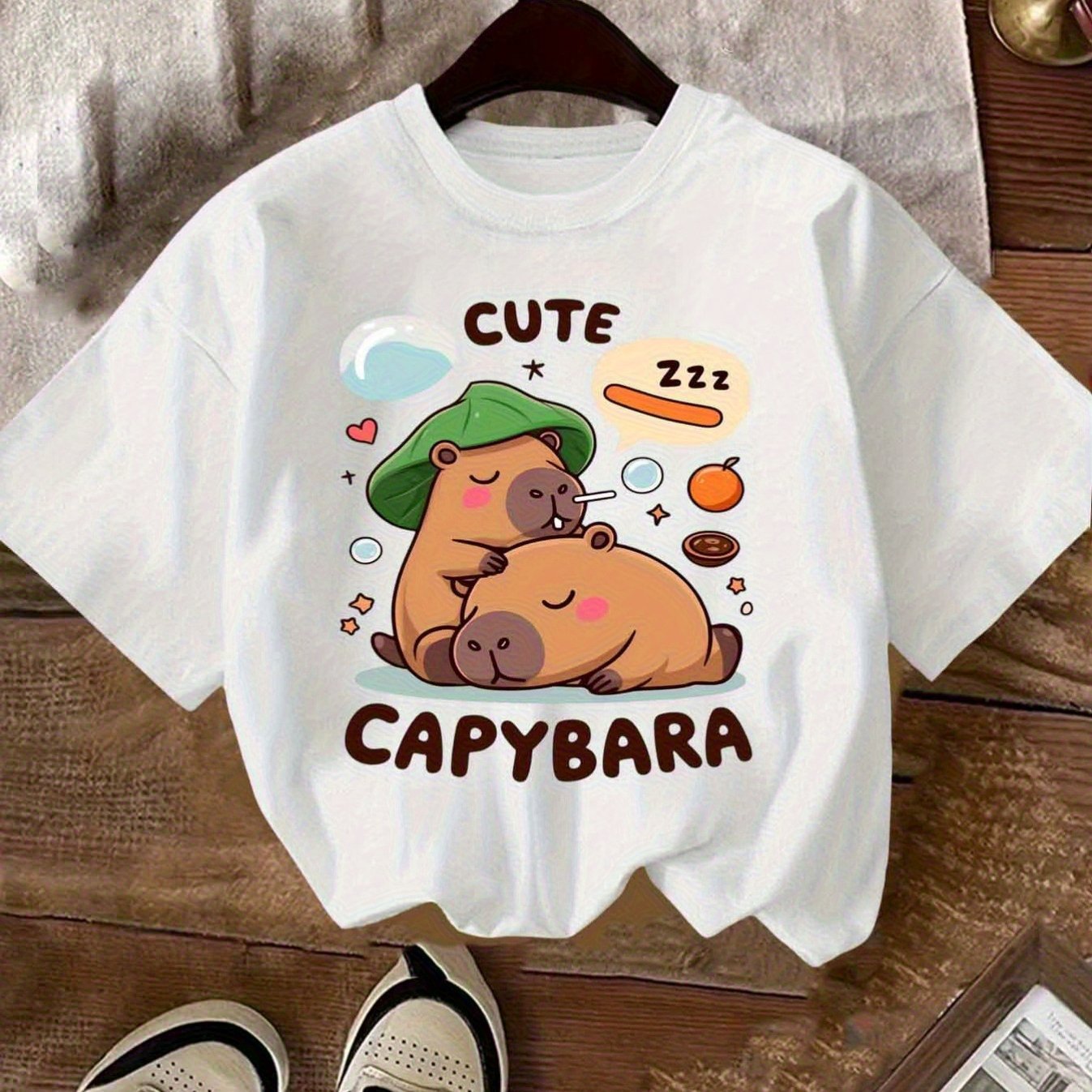 夏秋向け男女兼用カピバラ柄キッズトップス フロントビュー