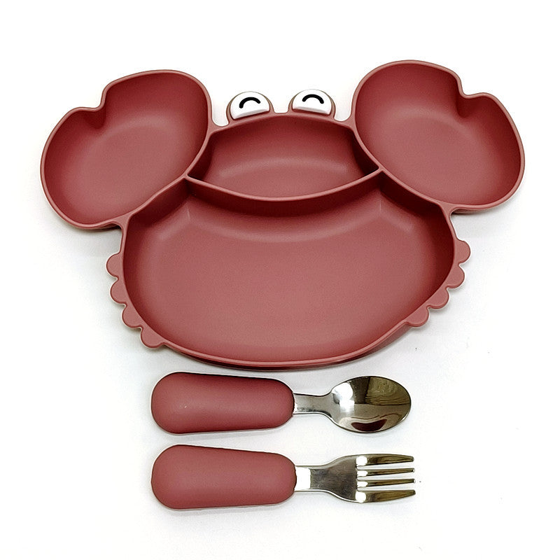 24ヶ月頃から安心・快適に食事習慣が整う 4区画カニ型ベビーシリコン食器 仕切りプレート+ステンレススプーン&フォークセット ミニマルデザイン
