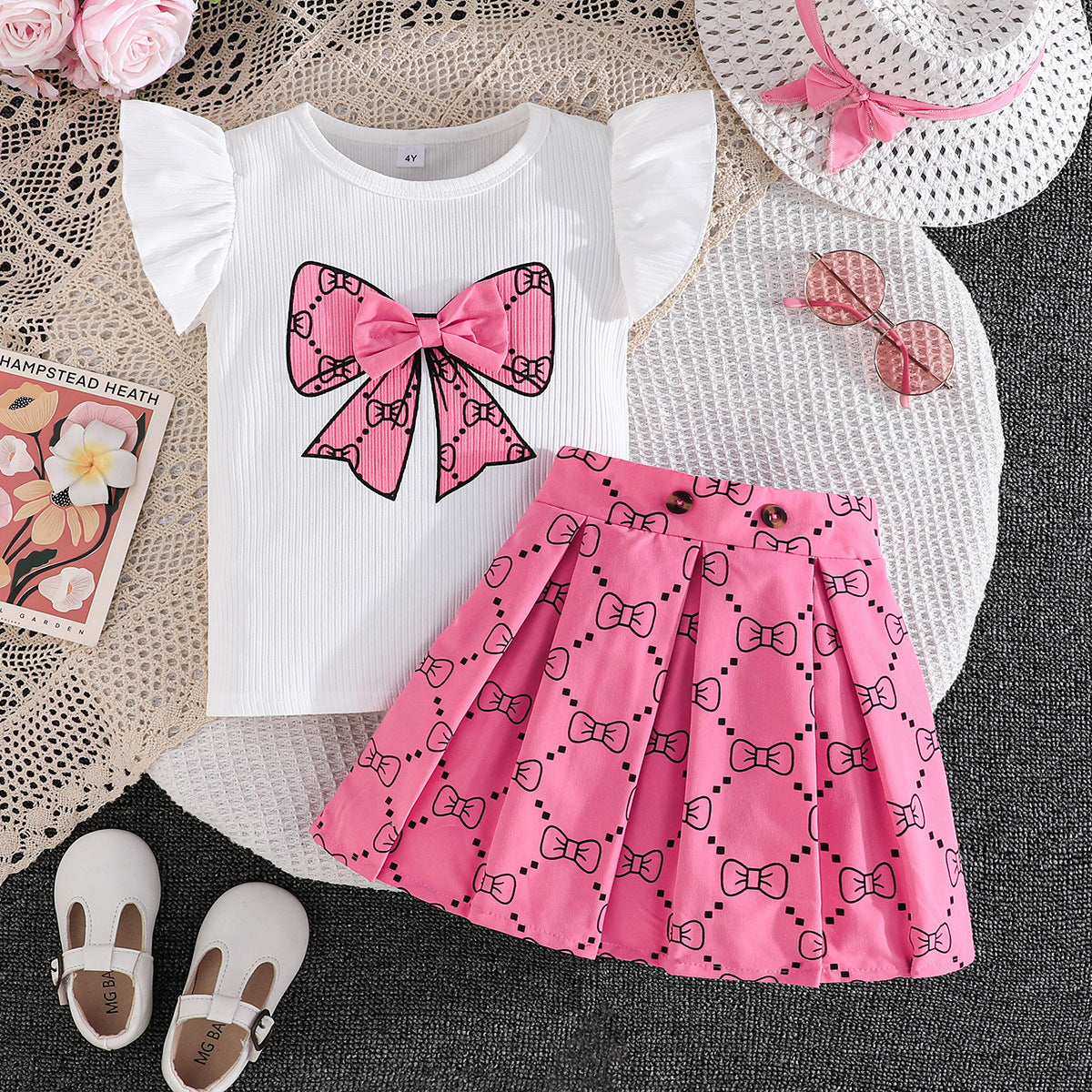 ふんわり蝶プリントが映える 女の子フラッタースリーブタンクトップ&プリーツスカートセット ポリエステル素材 2〜8歳