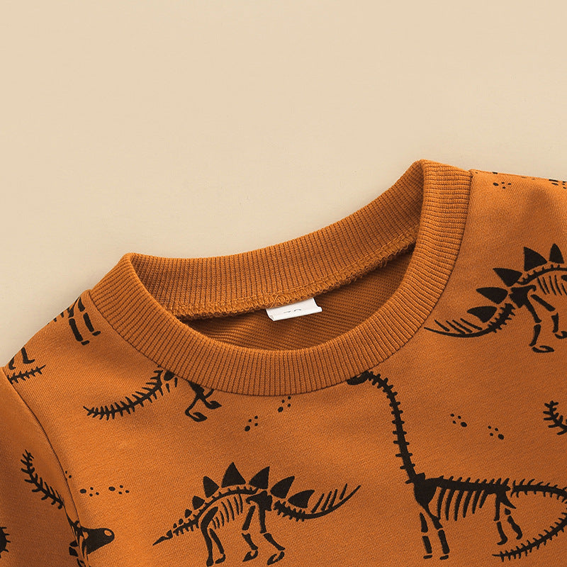 のびのび動けて毎日が楽しくなる 子ども長袖トップス&ロングパンツ上下セット 恐竜ボーンプリント コットン ライトブラウン 70~110cm