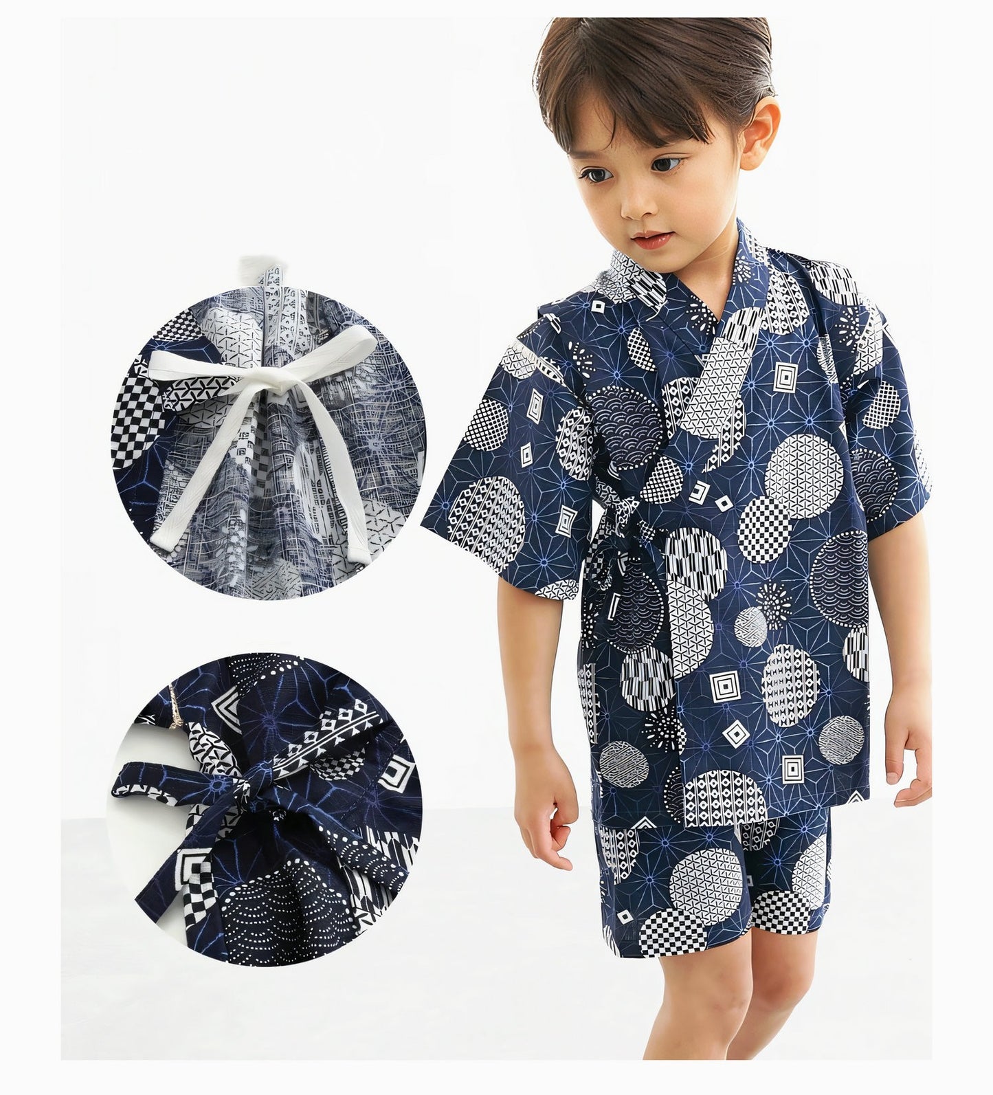 おうち時間を粋に心地よく 子ども甚平上下セット 亀モチーフ丸柄 ダークブルー コットン100% 110~140cm