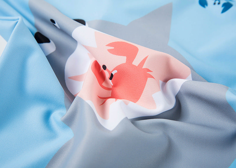 男の子 シャーク柄 長袖ラッシュガード水着3点セット(トップス・ショーツ・日よけ帽子)速乾 ポリエステル