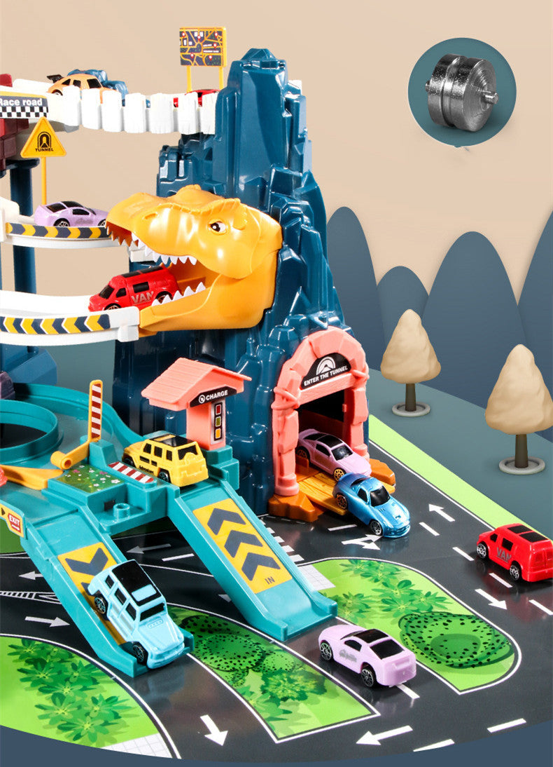 タワー側面に配置された各階の駐車スペースとレールレイアウトの詳細画像