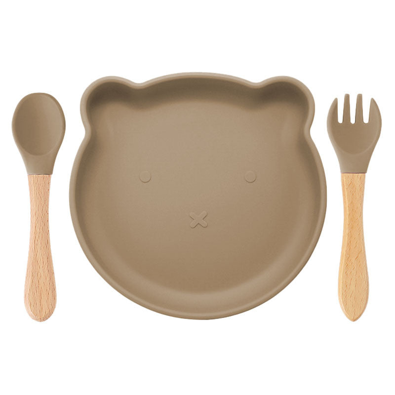 クルミカラーのくま型シリコンプレートとスプーン・フォークセット(シリコン食器)