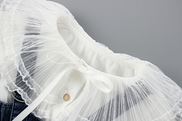 上品レースビッグ襟が映える 女の子デニムジャンパースカート&長袖ブラウスセット コットン混 80〜110cm