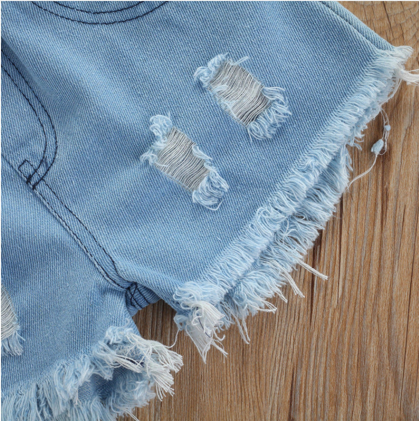 ふんわり花柄で夏コーデが決まる 女の子パフスリーブトップス&デニムショートパンツセット コットン ライトパープル 80~130cm