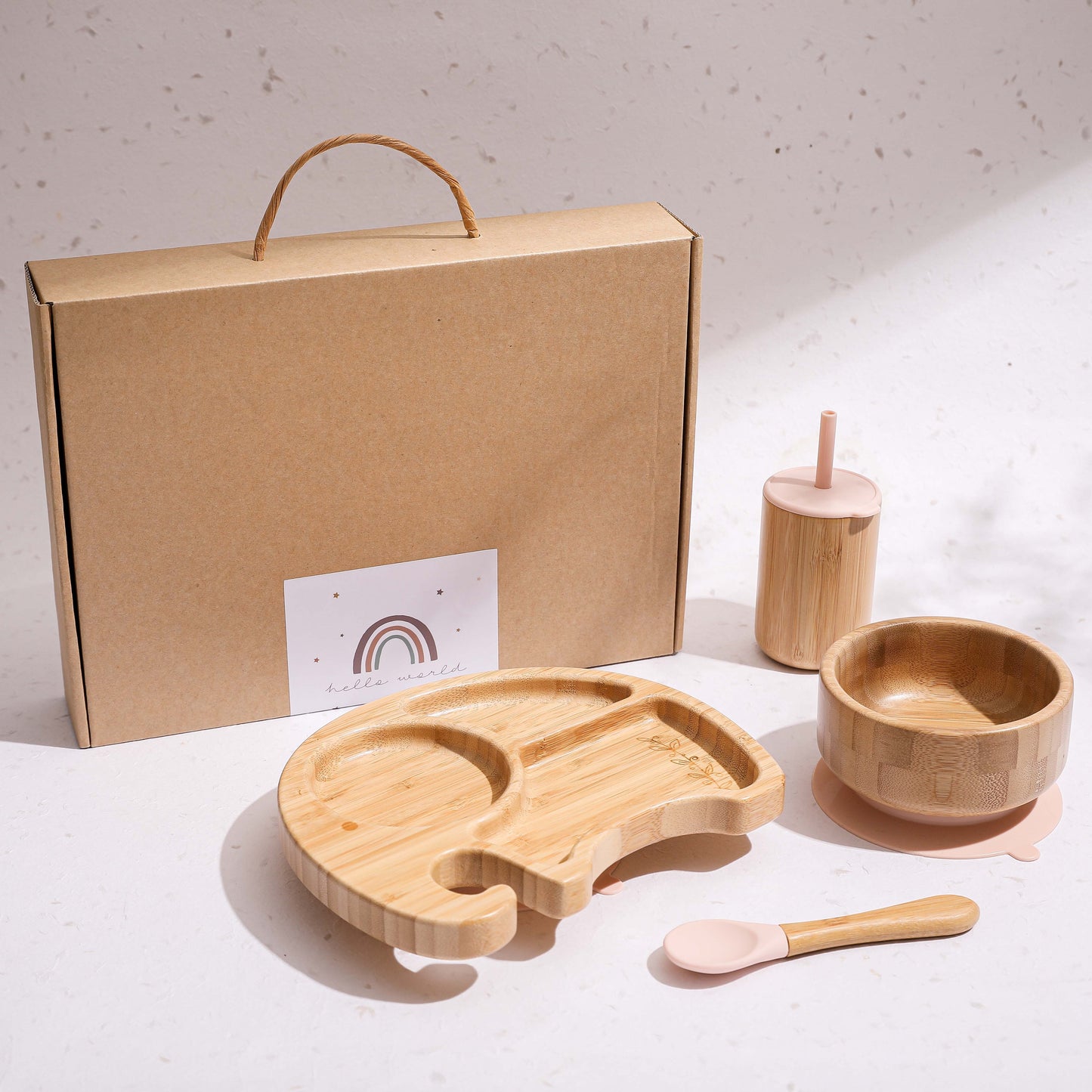 乳幼児も安心・快適 ひっくり返し不安を減らして食事が整う ベビー竹食器セット 象プレート+ボウル吸盤+ストローコップ BPAフリー