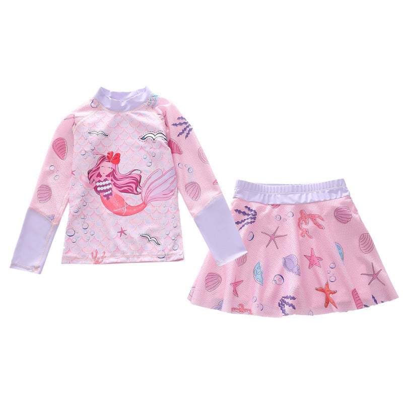 キッズ女の子 マーメイド柄 長袖ラッシュガード上下セット スカート付きセパレート UV対策 速乾ポリエステル 3〜13歳