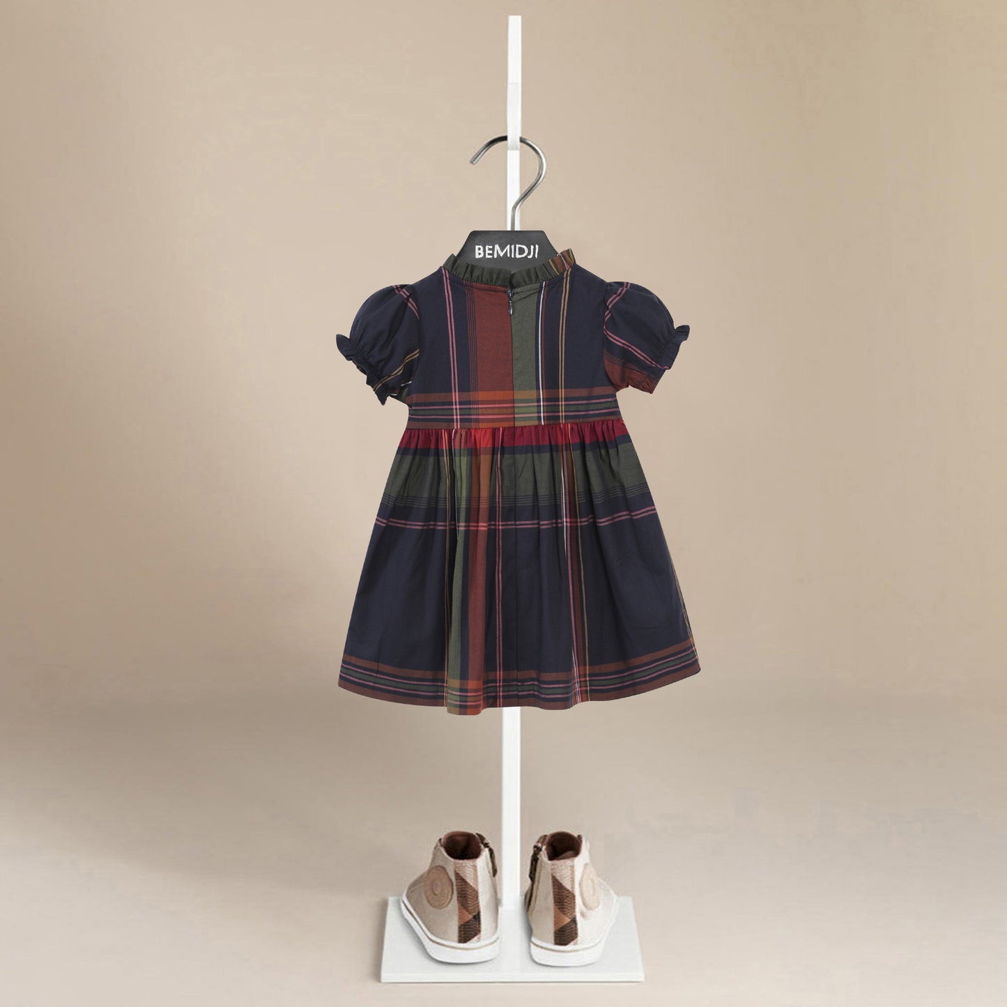 通気性のよいレトロチェックが上品な 女の子プリンセスワンピース ダークブルー コットン 80~120cm