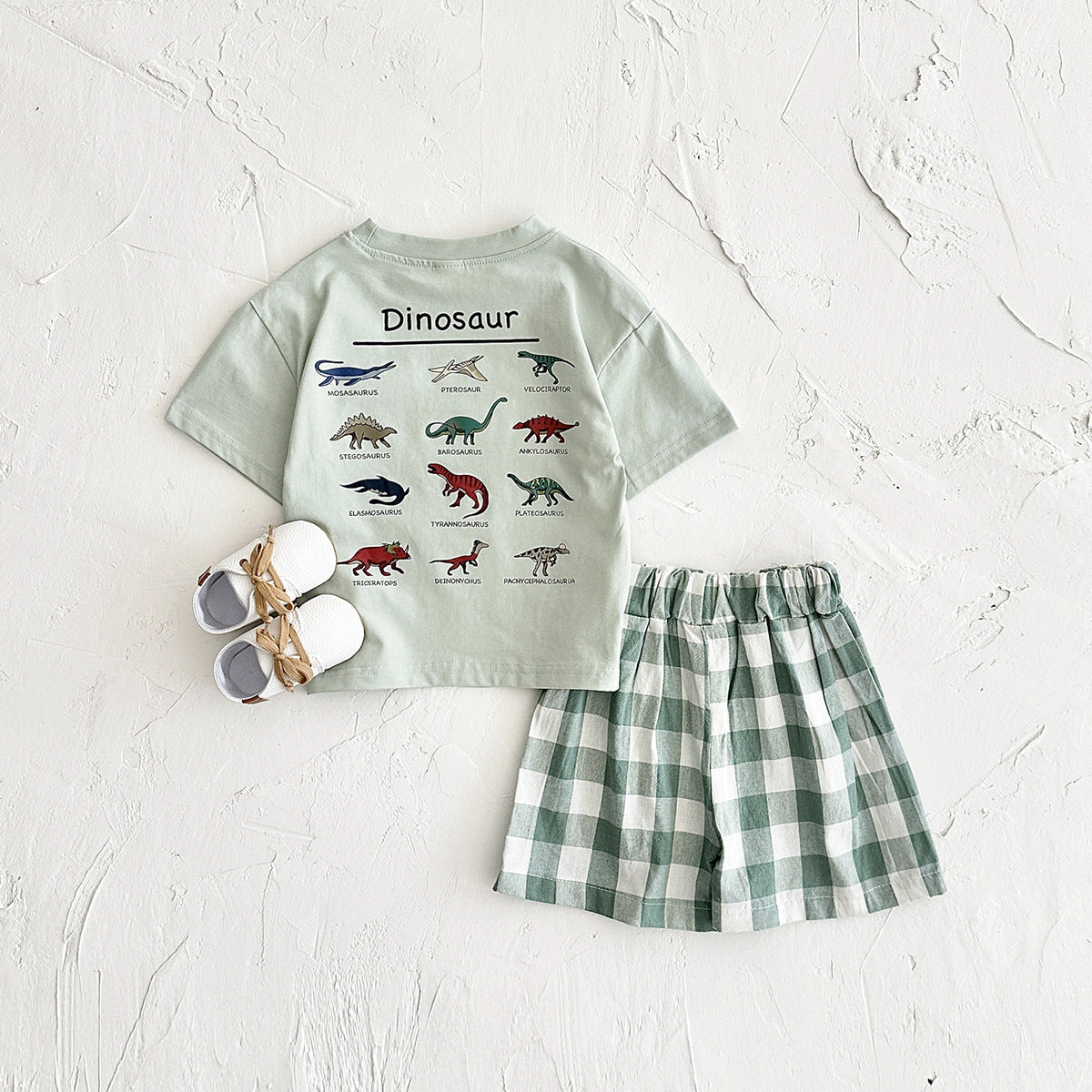 さらっと涼しく動きやすい 子ども半袖Tシャツ&ショートパンツ上下セット 恐竜プリント×チェック柄 コットン 6〜9ヶ月〜2〜3歳