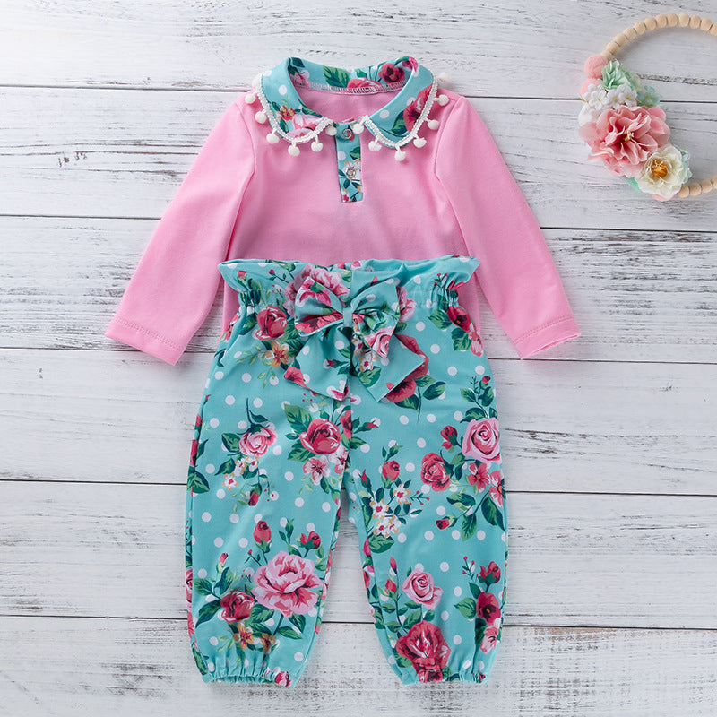 花柄リボンで写真映えする 女の子長袖ロンパース&フローラルパンツ2点セット ピンク×グリーン コットン95% 59〜80cm