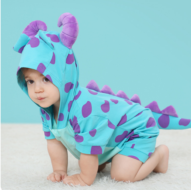 なりきりサリー風が愛らしい 子どもフード付きロンパース モンスター柄 ソフトタッチ 59~80cm