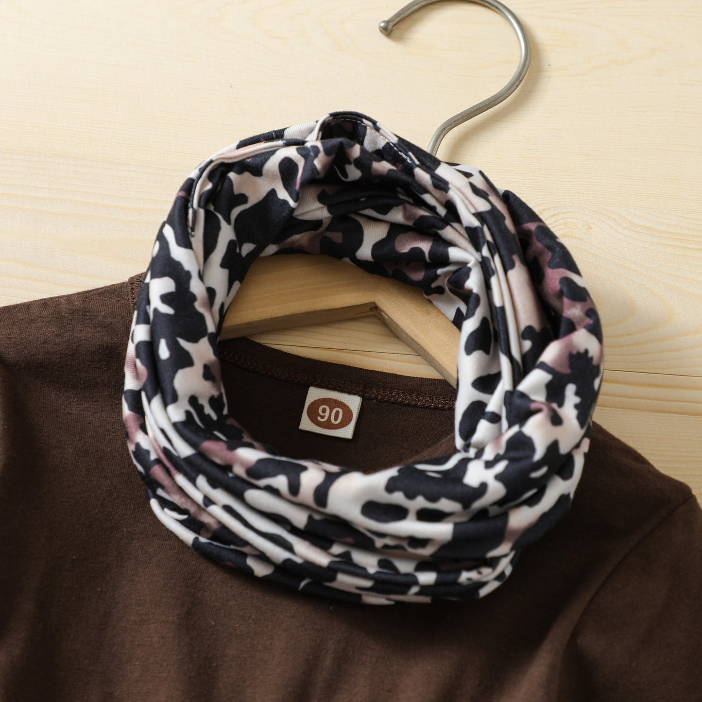 秋のおしゃれが一気に完成する 女の子長袖トップス&レギンス&スヌード3点セット ターキープリント×レオパード コットン 80〜120cm