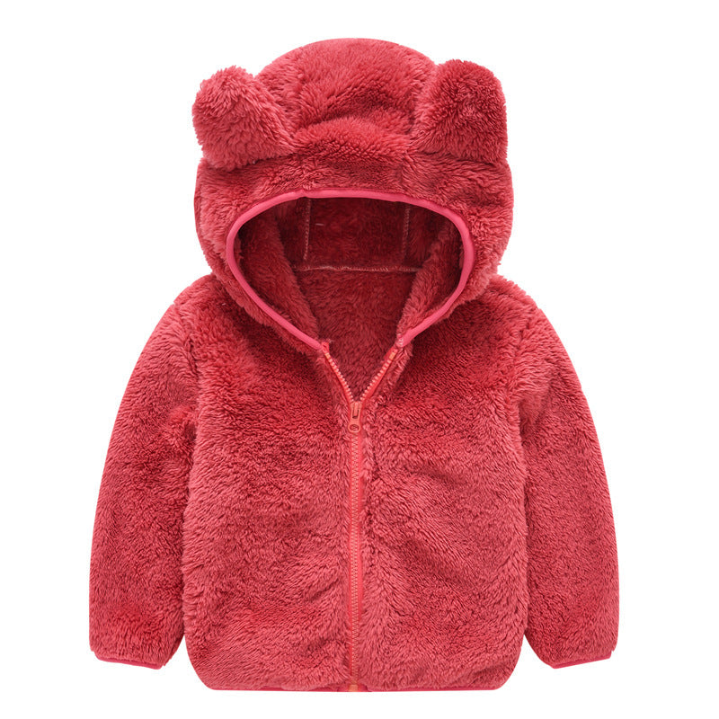 kids fuzzy ear hooded jacket red color front view on hanger