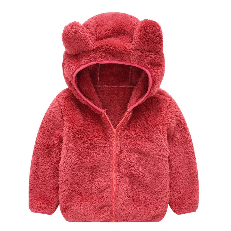 kids fuzzy ear hooded jacket red color front view on hanger