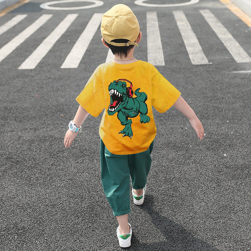 元気に動ける子どもにぴったり 男の子半袖Tシャツ&九分丈パンツ上下セット 恐竜バックプリント コットン 100~160cm