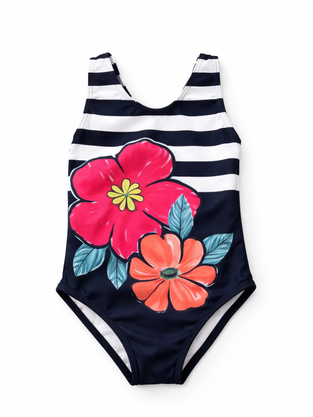 黒×白のボーダー柄に大きな赤い花とコーラル色の花、青緑の葉をプリントしたキッズ用ワンピース水着(白背景)。