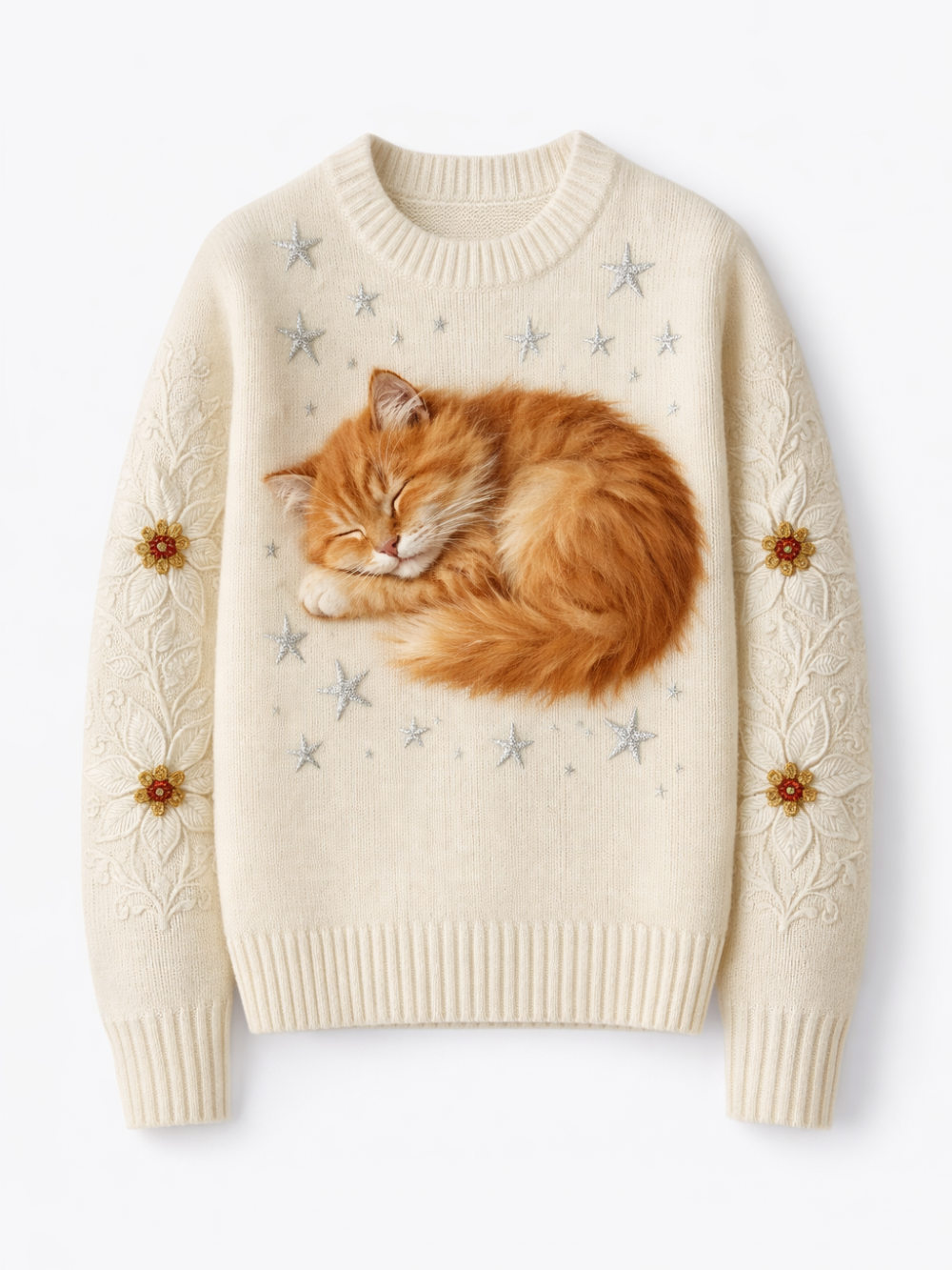 白背景の正面写真。アイボリーの長袖ニットセーター。胸元に眠る茶トラ猫のイラストとシルバーの星柄、袖にフラワー刺繍入り。