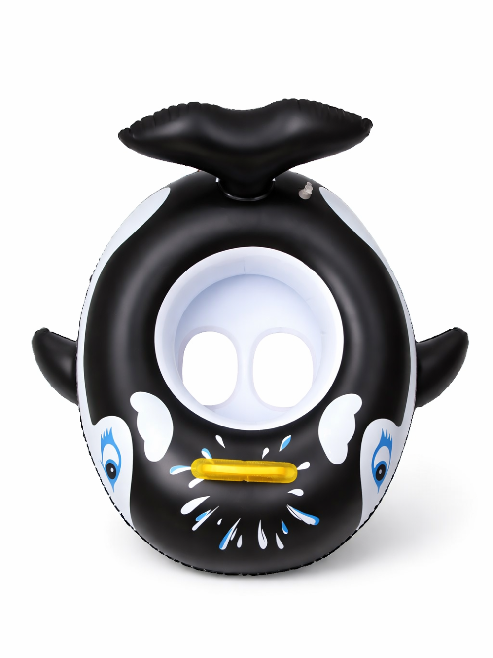正面から見たシャチ型の子ども用浮き輪。黒×白のシャチデザインにブルーの水しぶき柄、前面に黄色のハンドル付き。