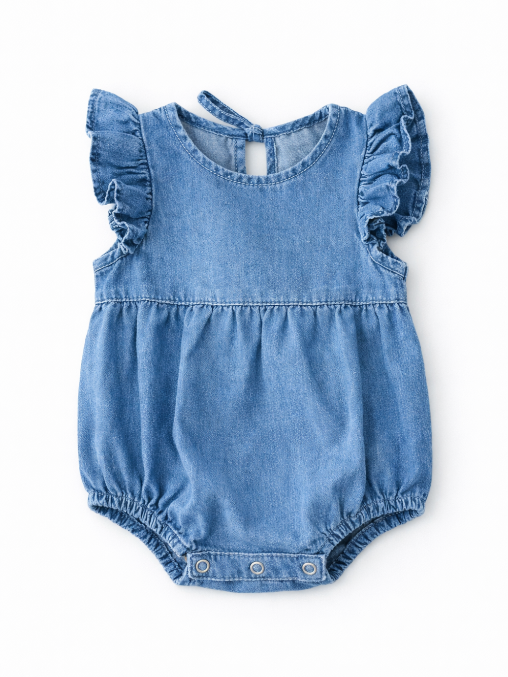 フリル袖の立体感が分かるデニム三角ボディスーツの正面デザイン