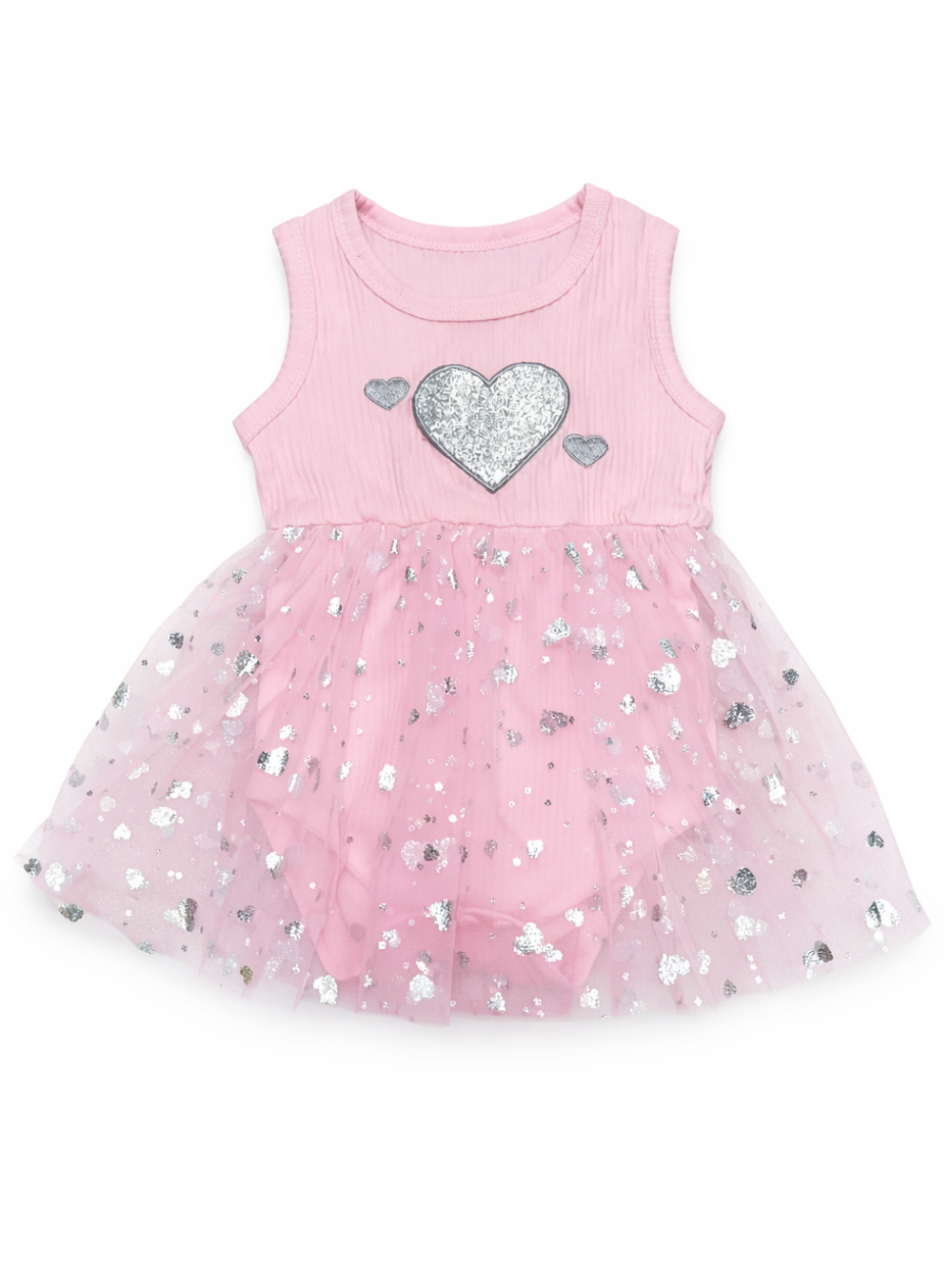 ピンクの女の子ノースリーブロンパースワンピ メッシュスカート全体