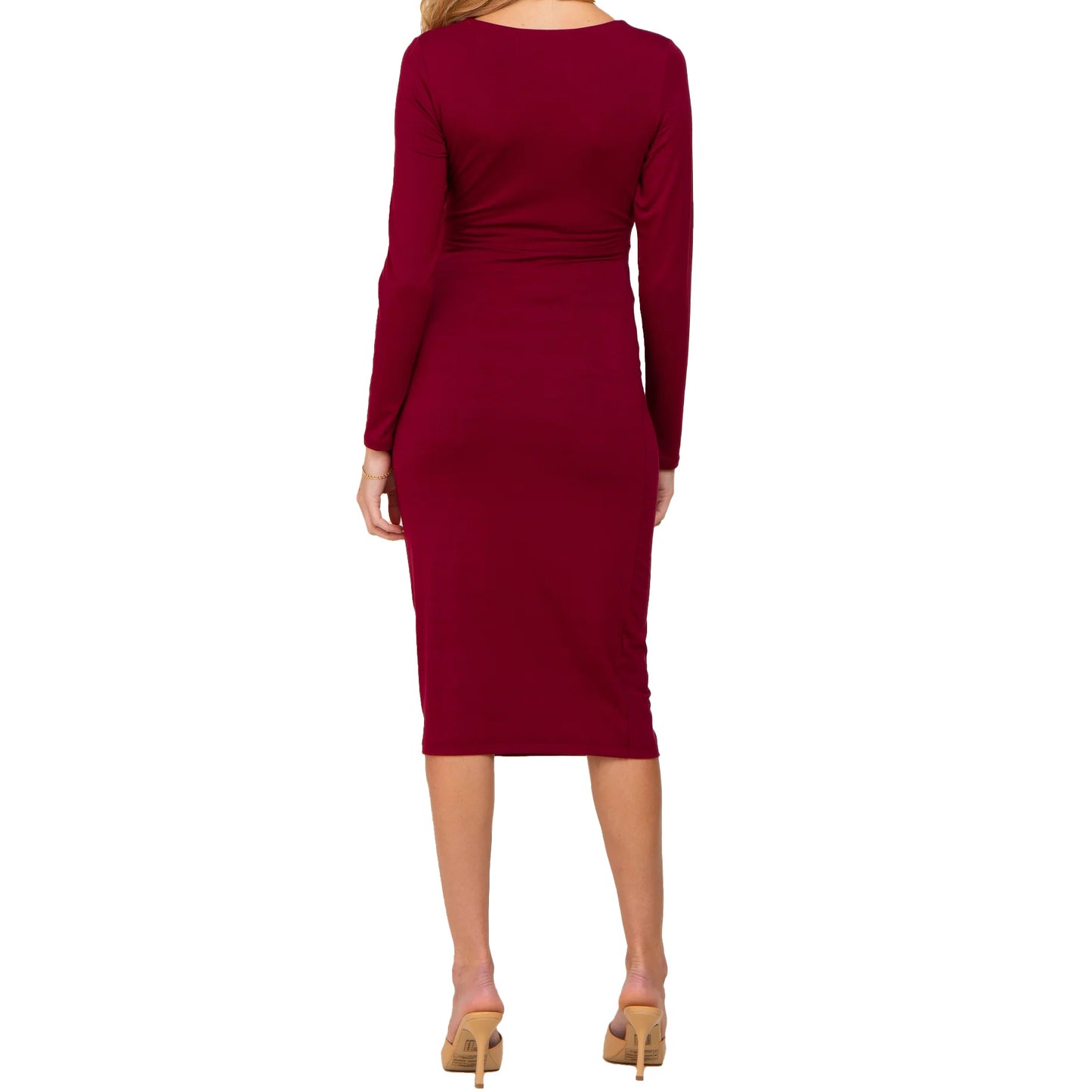 ボルドーのマタニティミディ丈ワンピース 背面 きれいに整うシルエット