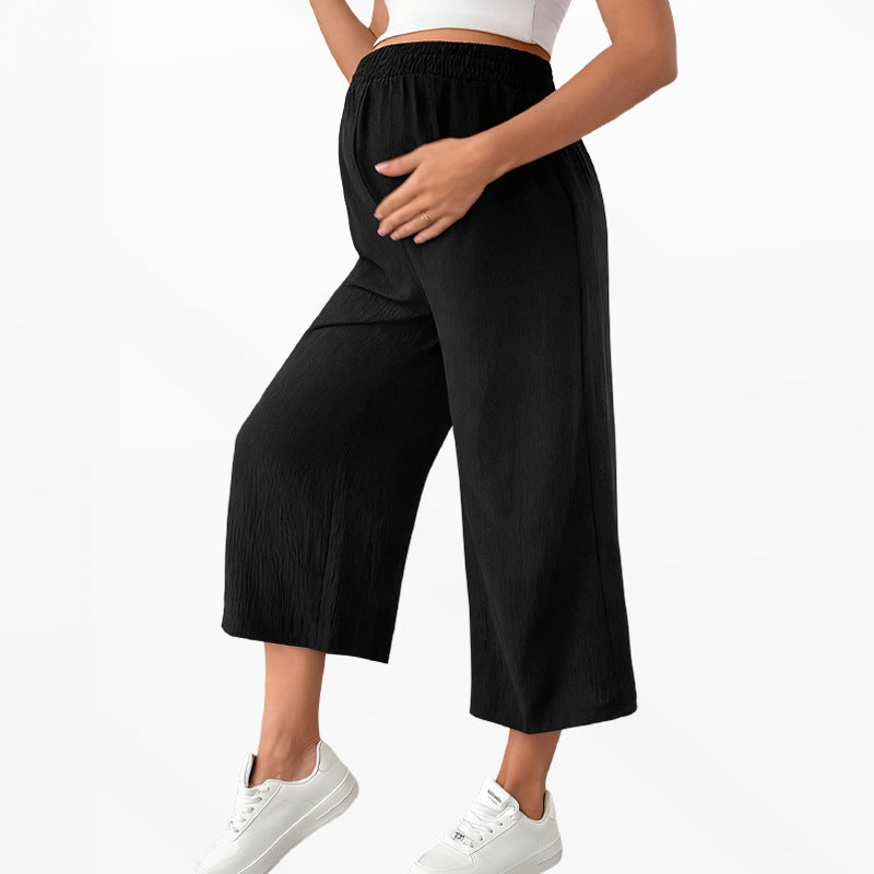 さらっと涼しく動きやすい マタニティクロップドワイドパンツ ハイウエスト 立体ジャカード素材 通気性 春夏秋 S~XL