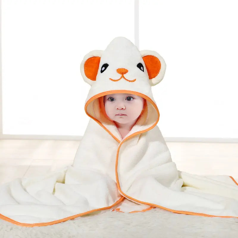 珊瑚絨 フード付きアニマル刺繍ベビーバスタオル80×80 オレンジ耳ホワイトベアケープ(フードタオル)