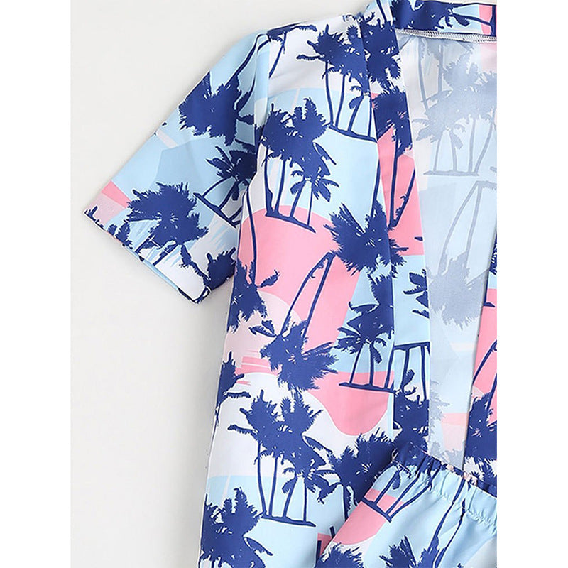 男の子用プリント2ピース水着セット|半袖トップス&ショートパンツ ブルー 130〜160cm