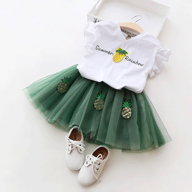 夏のおでかけがもっと可愛くなる 女の子パイナップルモチーフ半袖トップス&グリーンスカート上下セット コットン M〜3XL