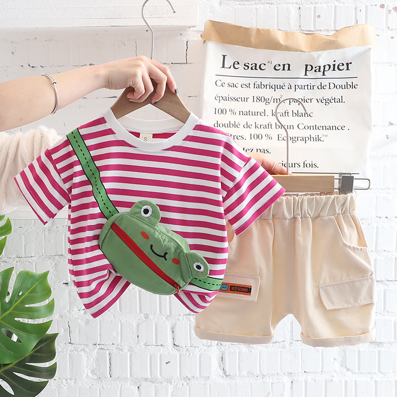 さらっと薄手で夏に快適 子ども半袖セットアップ カエルモチーフボーダー コットン 80~120cm