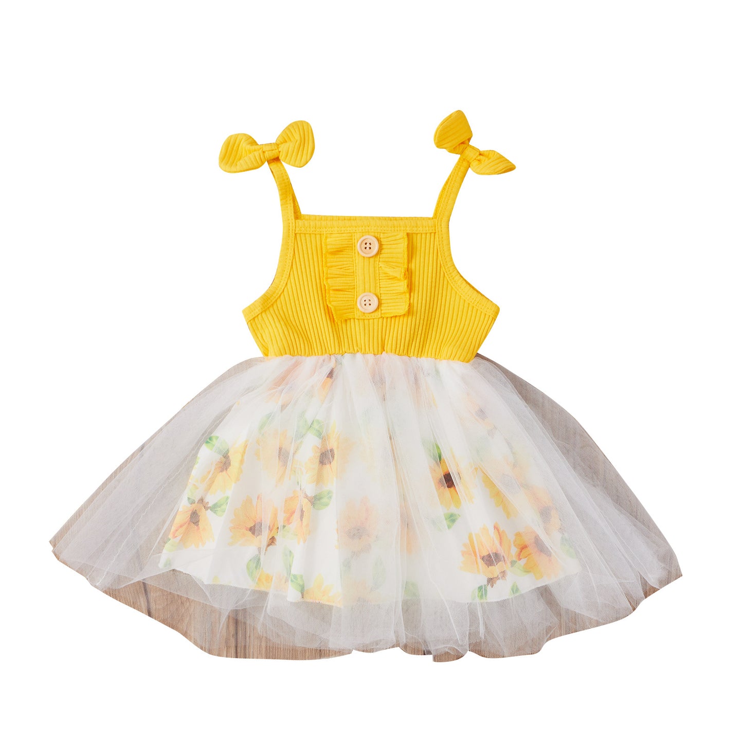 ふんわりチュールでお姫さま気分を楽しめる 女の子ジャンパースカート リボン肩紐&リブ風トップス 花柄レイヤード コットン 80〜120cm