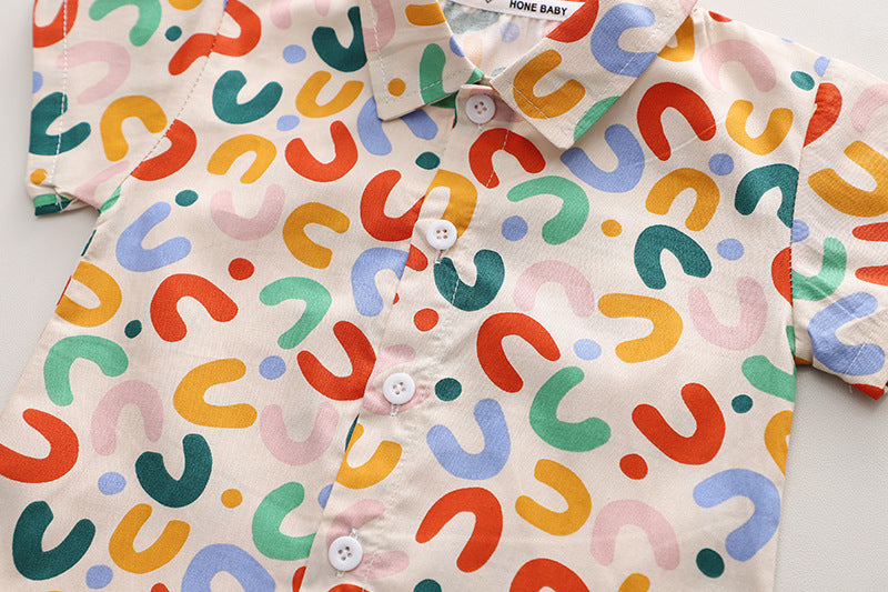 さらっと涼しくおしゃれに決まる 男の子半袖シャツ&ショーツセット レター柄プリント コットン 80〜120cm