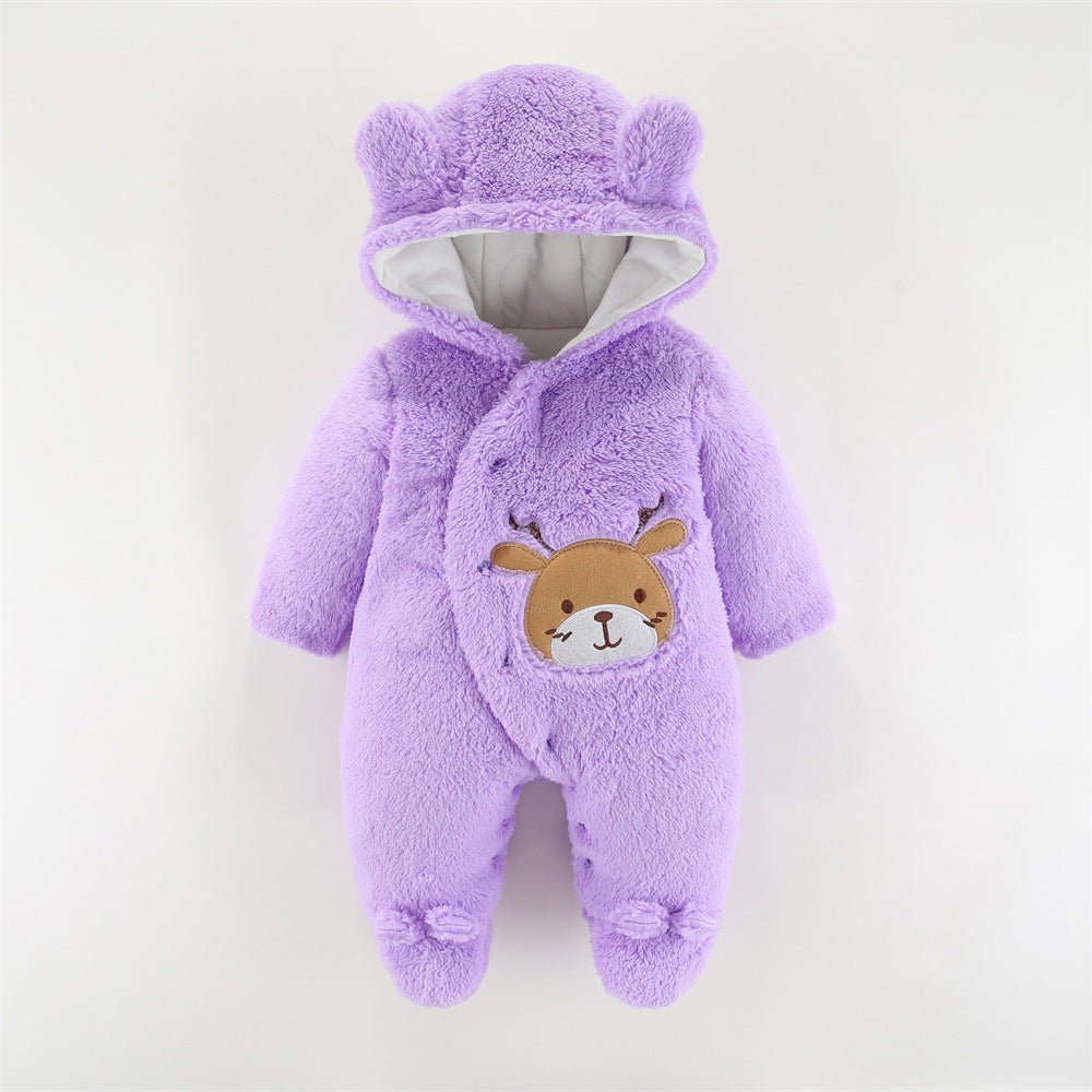 パープルカラーの長袖フード付きベビー冬用ロンパース