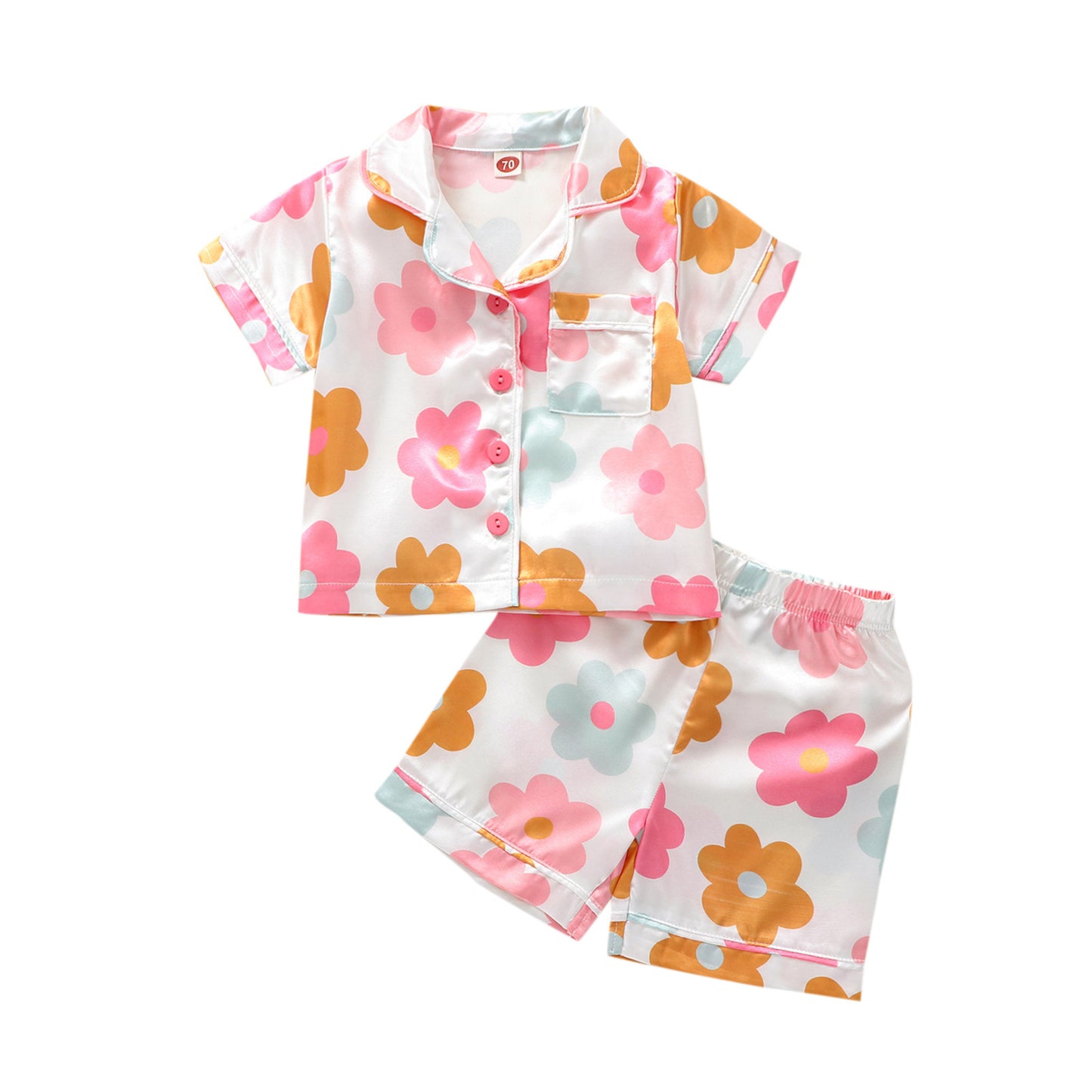 さらり快適にくつろげる 女の子花柄パジャマセット 半袖シャツ&ショーツ ポリエステル混 90〜140cm