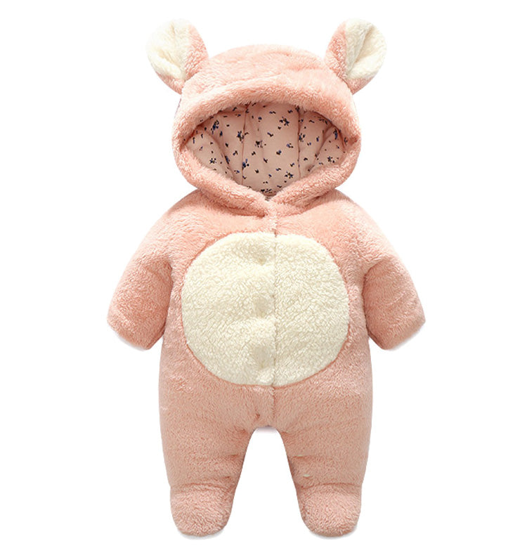 耳付きフードと丸いお腹切り替えがかわいいピンクうさぎデザインもこもこベビーカバーオール単体