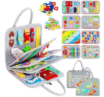 灰色のモンテッソーリ知育バッグ、恐竜柄のカバーとボタン・ひも結び・数字やアルファベットなど多層アクティビティが揃った幼児向け学習セット