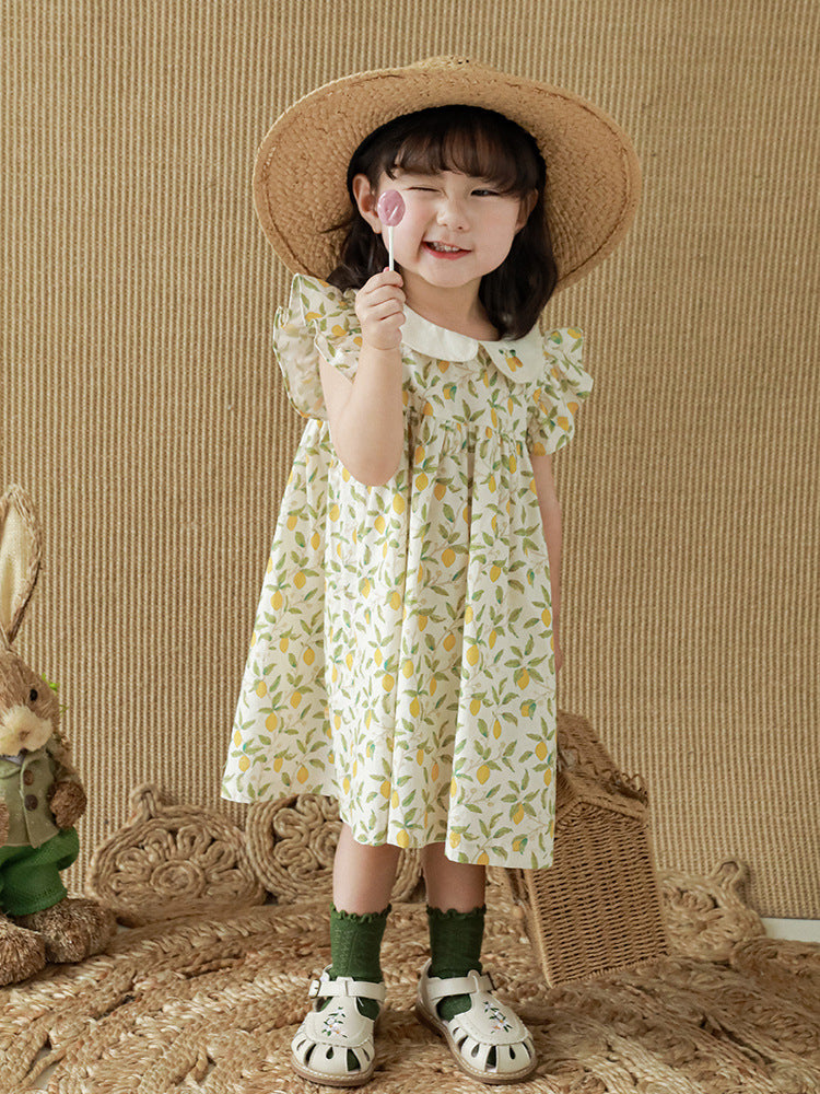 夏のレモンフルーツ柄で涼やかに可愛くまとまる 女の子半袖ワンピース 丸襟フリルスリーブ コットン 80~130cm