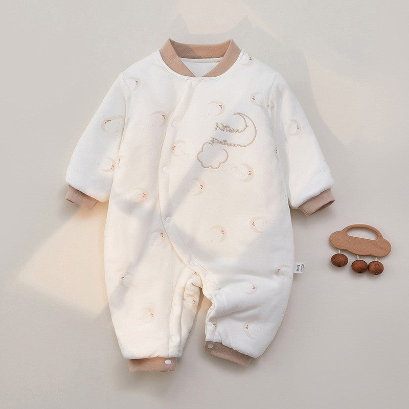 ぬくもりに包まれて安心して過ごせる ベビーカバーオール 総柄プリント スタンドカラー 前開きボタン コットン厚手 66~90cm