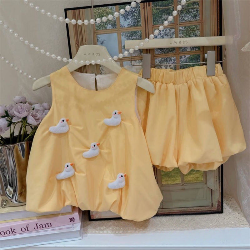 ふんわり立体モチーフで写真映えする 女の子ノースリーブトップス&バルーンショートパンツ上下セット うさぎ・ひよこデザイン コットン 80~130cm