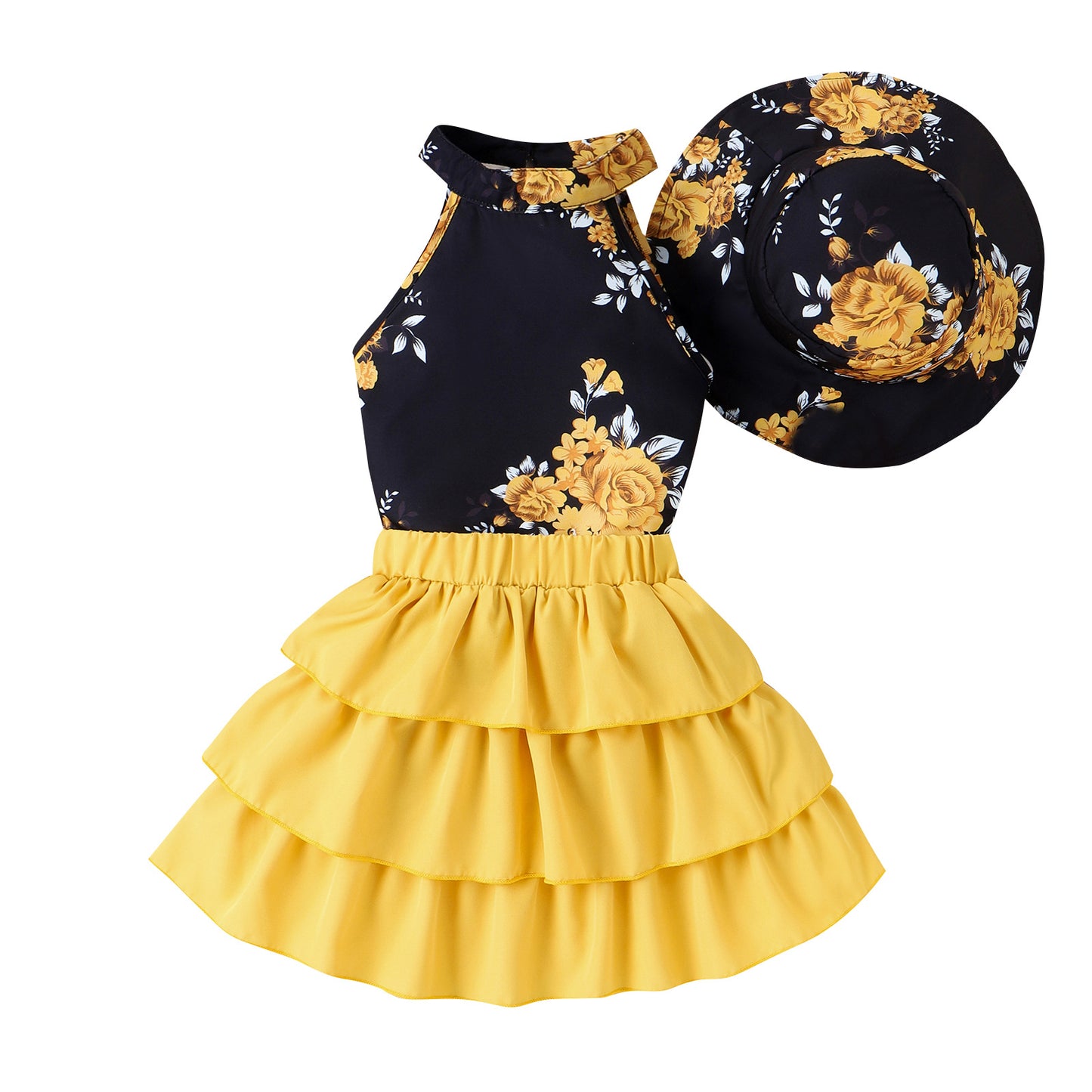 夏のおしゃれが一気に華やぐ 女の子ホルターネックトップス&ティアードスカートセット 花柄プリント コットン 帽子付き 4〜7歳